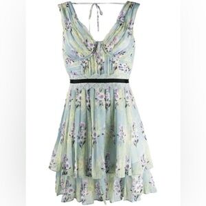 SELF PORTRAIT FLORAL-PRINT CHIFFON PLEATED RUFFLE DRESS IN GREEN, size US 2, NWT